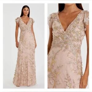 Mac Duggal 68192 Pink Embroidered Applique Wrap Over Flutter Sleeve Gown Sz 8